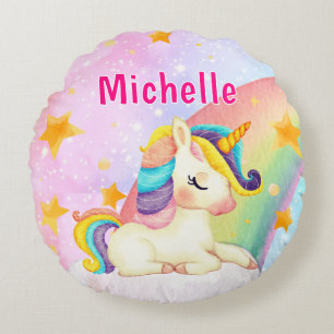 Whimsical Rainbow Einhorn Mädchen Name Zimmer Rundes Kissen