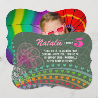 Whimsical Rainbow Heart Girl Birthday Foto Einladu Einladung