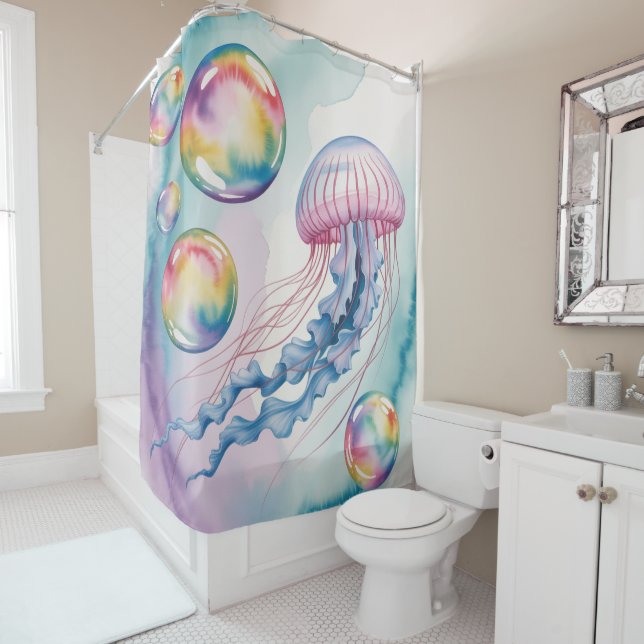 Whimsical Rainbow Jellyfish Watercolor Design Duschvorhang (Beispiel)