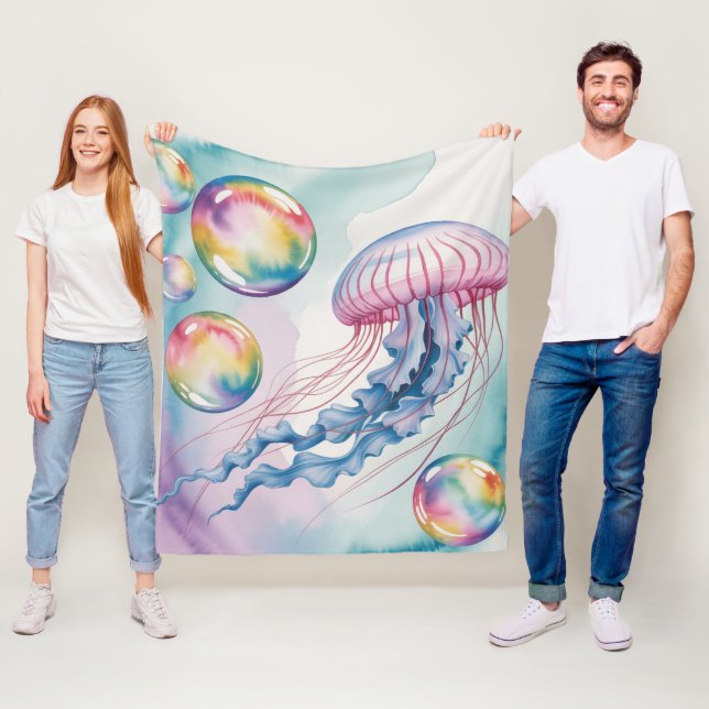 Whimsical Rainbow Jellyfish Watercolor Design Fleecedecke (Beispiel)
