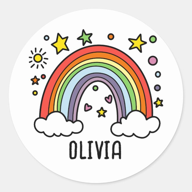 Whimsical Rainbow Personalisiert Girls Runder Aufkleber (Vorderseite)