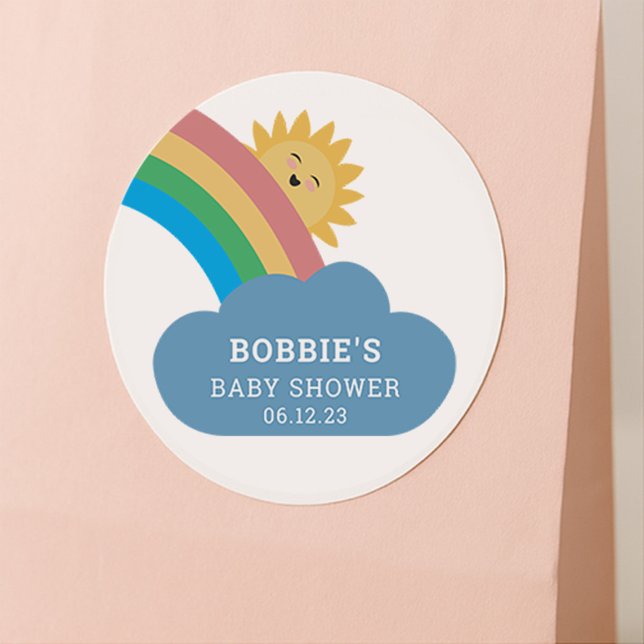Whimsical Rainbow & Sun Baby Shower Gender Neutral Runder Aufkleber (Von Creator hochgeladen)