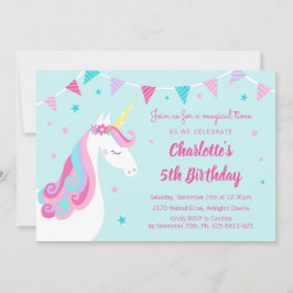 Whimsical Rainbow Unicorn Aqua 5. Geburtstag Einladung