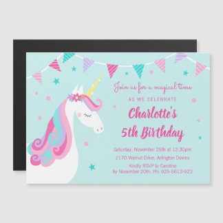Whimsical Rainbow Unicorn Aqua 5. Geburtstagsparty Magneteinladung