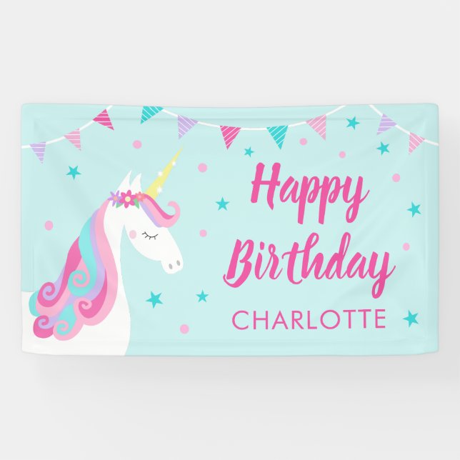 Whimsical Rainbow Unicorn Aqua Happy Birthday Banner (Horizontal)