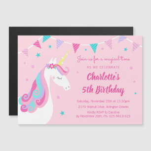 Whimsical Rainbow Unicorn PInk 5. Geburtstagsparty Magneteinladung