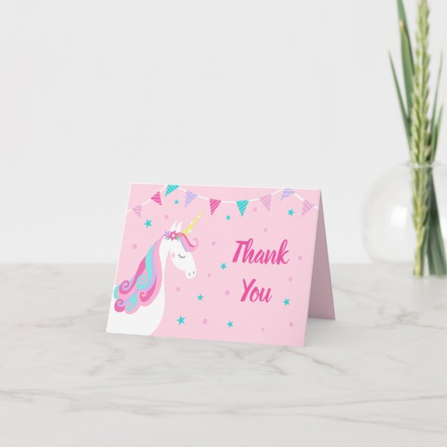 Whimsical Rainbow Unicorn Pink Birthday Dankeskarte (Vorderseite)