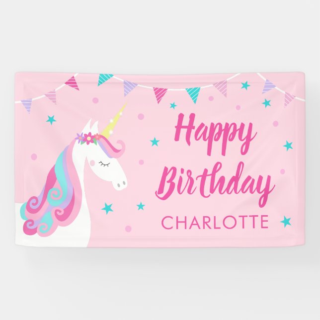Whimsical Rainbow Unicorn Pink Happy Birthday Banner (Horizontal)
