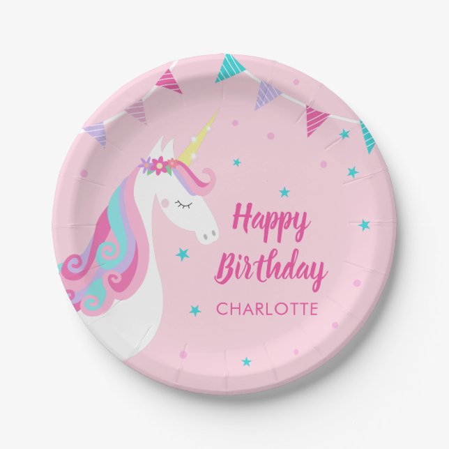 Whimsical Rainbow Unicorn Pink Happy Birthday Pappteller (Vorderseite)