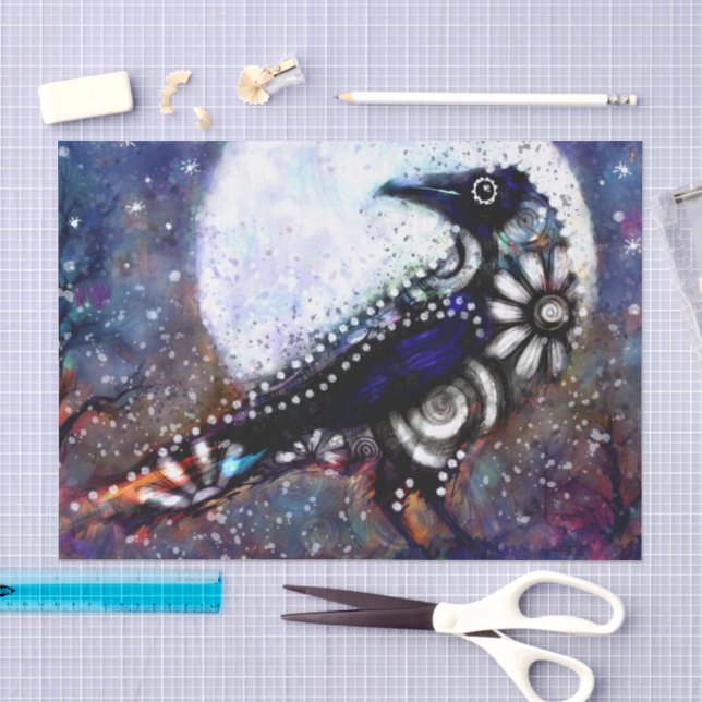 Whimsical Raven Moon Floral Black Decoupage Seidenpapier (Handwerk)