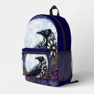 Whimsical Raven Moon Schwarz-weiß Blue Bedruckter Rucksack