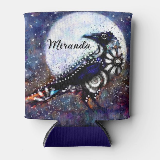 Whimsical Raven Moon Schwarz-weiß Blue Dosenkühler (Vorderseite)