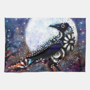 Whimsical Raven Moon Schwarz-weiß Blue Geschirrtuch