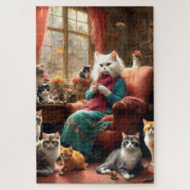 Whimsical realistic Mama Cat & Kittens (Vertikal)