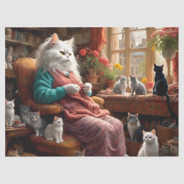 Whimsical realistic Mama Cat & Kittens Seidenpapier (Vorderseite)