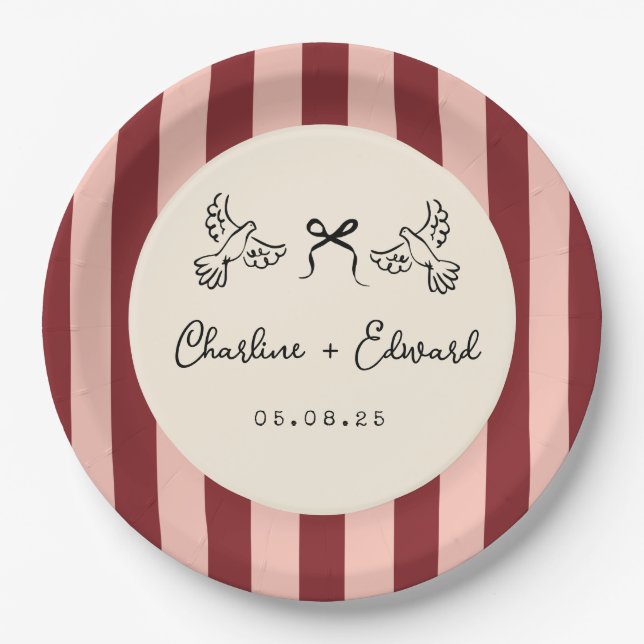 Whimsical Red and Blush Pink Striped Wedding  Pappteller (Vorderseite)