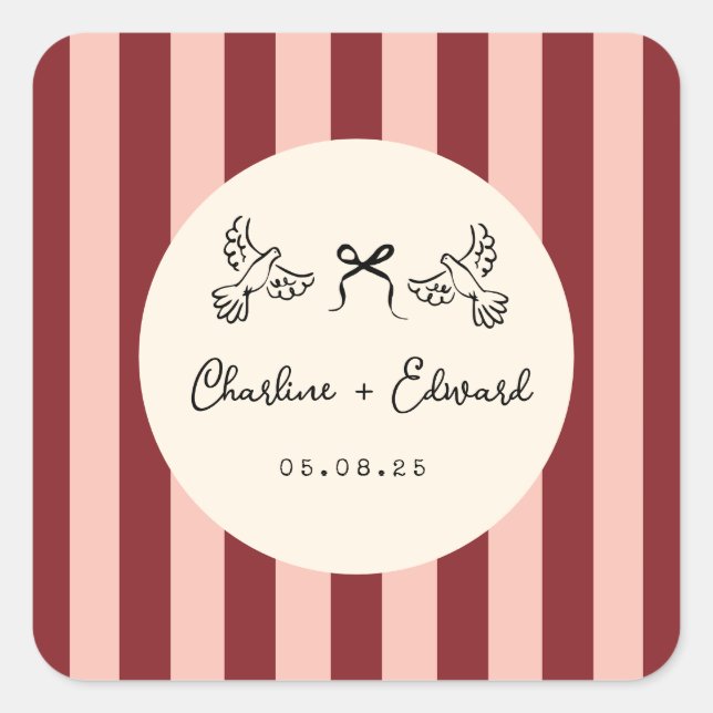 Whimsical Red and Blush Pink Striped Wedding  Quadratischer Aufkleber (Vorderseite)