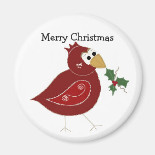 Whimsical Red Bird with Sprig of Holly Magnet