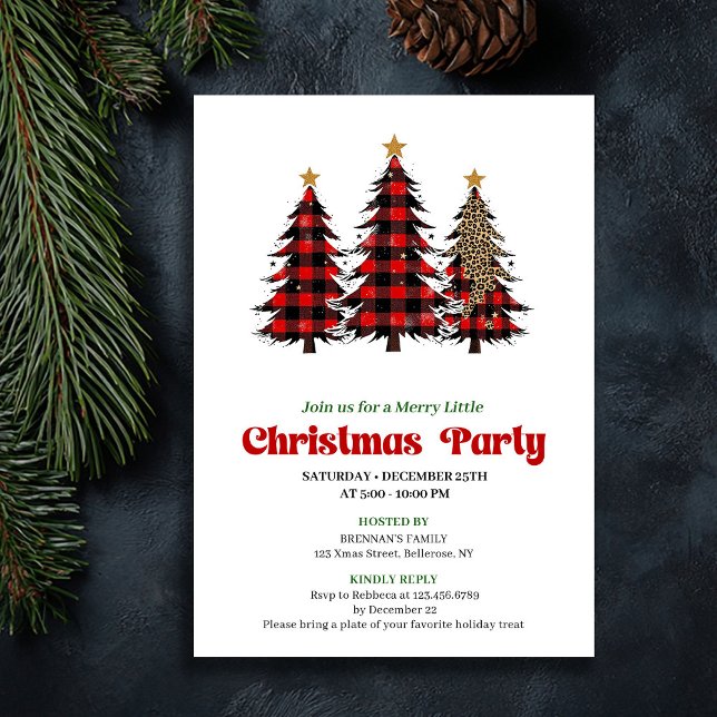 Whimsical Red Black Plaid Christmas Celebration Einladung (Whimsical Red Black Plaid Christmas Celebration)