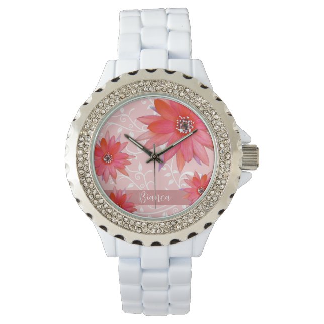 Whimsical Red Blume Wirble Blätter Name Pink hinzu Armbanduhr (Vorderseite)