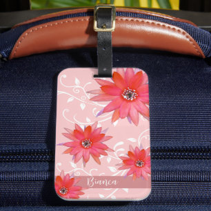 Whimsical Red Blume Wirble Blätter Name Pink hinzu Gepäckanhänger