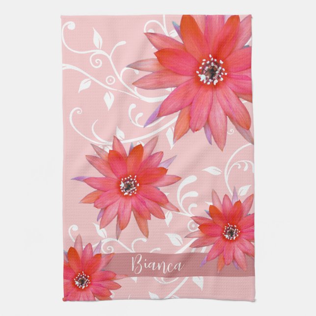 Whimsical Red Blume Wirble Blätter Name Pink hinzu Geschirrtuch (Vertikal)