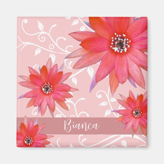 Whimsical Red Blume Wirble Blätter Name Pink hinzu Magnet (Vorne)