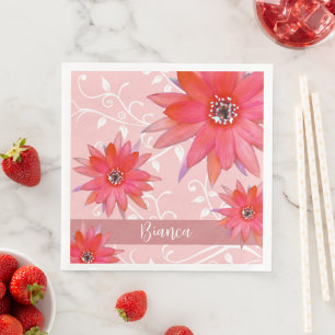 Whimsical Red Blume Wirble Blätter Name Pink hinzu Serviette