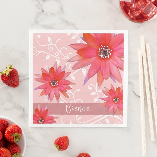 Whimsical Red Blume Wirble Blätter Name Pink hinzu Serviette (Beispiel)