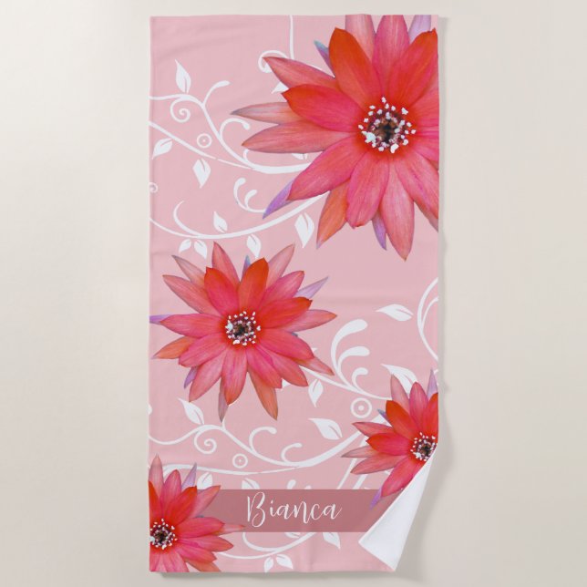Whimsical Red Blume Wirble Blätter Name Pink hinzu Strandtuch (Vorderseite)