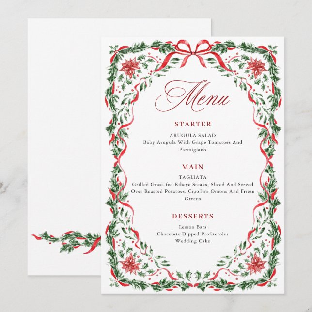Whimsical Red Bow Printable Christmas Menu Card Einladung (Vorne/Hinten)