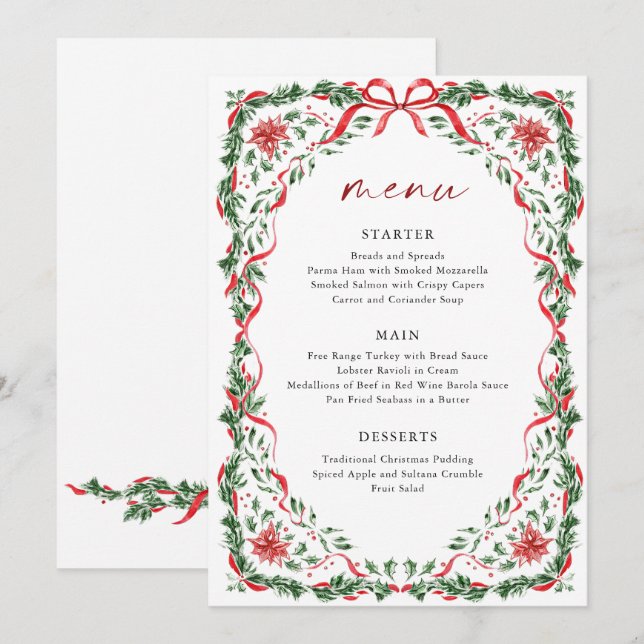 Whimsical Red Bow Printable Christmas Menu Card Einladung (Vorne/Hinten)