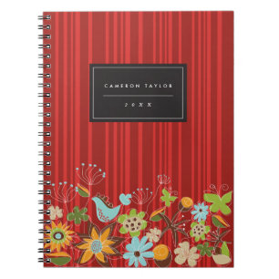 Whimsical Red Floral Garden & Bird Custom Notebook Notizblock