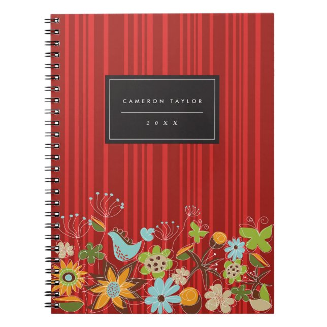 Whimsical Red Floral Garden & Bird Custom Notebook Notizblock (Vorderseite)