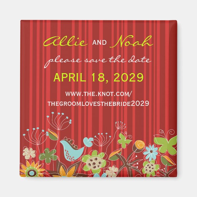 Whimsical Red Floral Garden speichern das Date Mag Magnet (Vorne)