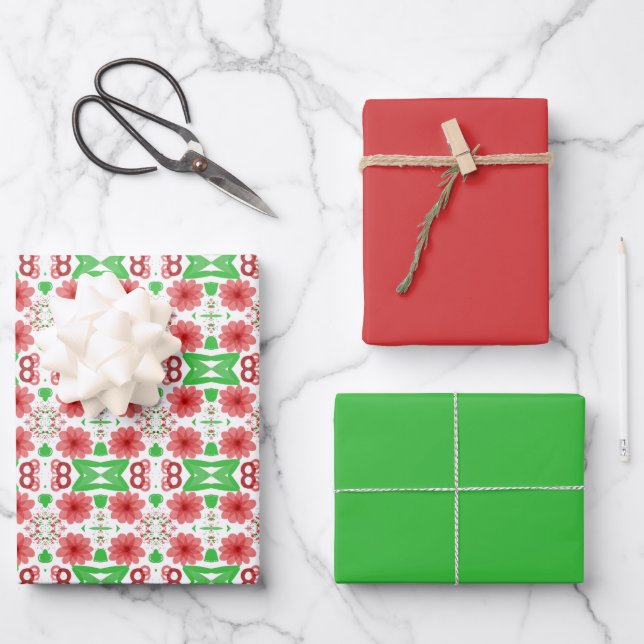 Whimsical Red Flowers Green Leaves On White Art Geschenkpapier Set (Vorderseite)