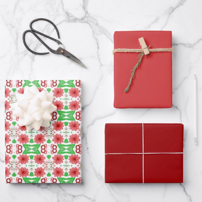 Whimsical Red Flowers Green Leaves On White Art Geschenkpapier Set (Vorderseite)