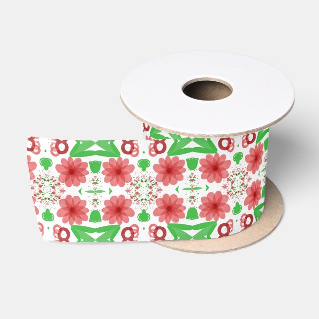 Whimsical Red Flowers Green Leaves On White Art Satinband (Spule)