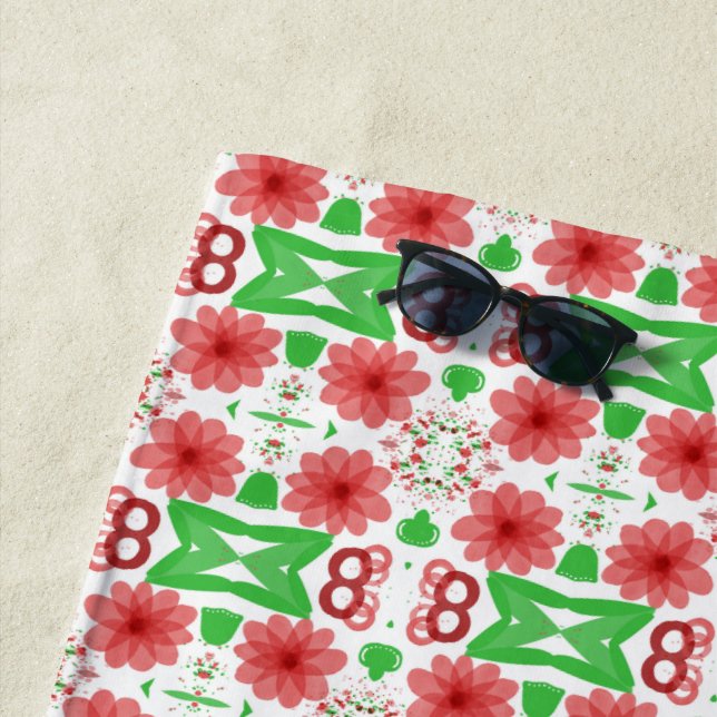 Whimsical Red Flowers Green Leaves On White Art Strandtuch (Beispiel)
