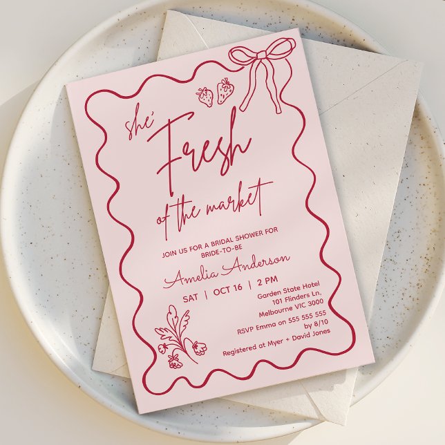 Whimsical Red Fresh off Market Brautparty Einladung (Fresh off the Market Bridal Shower Invitation, Whimsical Market Farmers Bridal Shower Invitation )