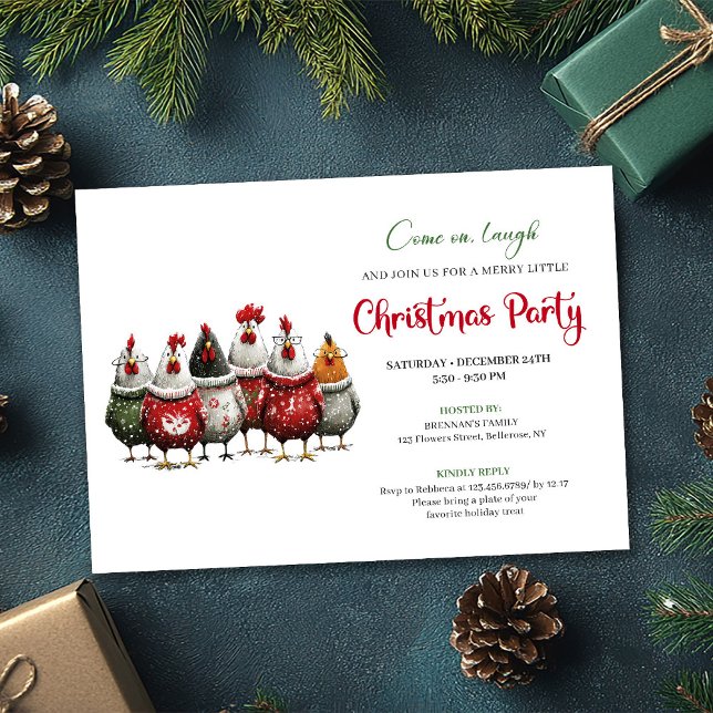 Whimsical Red Green Chickens Christmas Party  Einladung (Whimsical Red Green Chickens Christmas Party Invite)