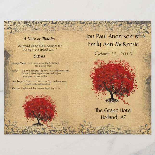 Whimsical Red Heart Leaf Tree Hochzeitsprogramm (Vorderseite)