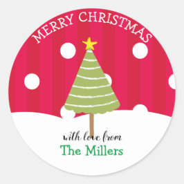 Whimsical Red Merry Christmas Tree Runder Aufkleber