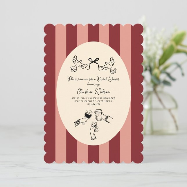 Whimsical Red Pink Striped Scribble Bridal Shower Einladung (Von Creator hochgeladen)