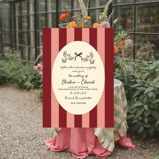 Whimsical Red Pink Striped Scribble  Wedding  Einladung (Von Creator hochgeladen)