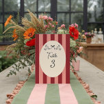 Whimsical Red Pink Striped Wedding Table Number  Tischnummer<br><div class="desc">Add a playful yet elegant touch to your wedding reception with this Whimsical Red and Pink Striped Table Number Card. Featuring hand-drawn doves tied with a ribbon and bold vintage stripes, this design beautifully blends romance and nostalgia. Perfect for retro, bohemian, or holiday-themed weddings — a charming way to guide...</div>