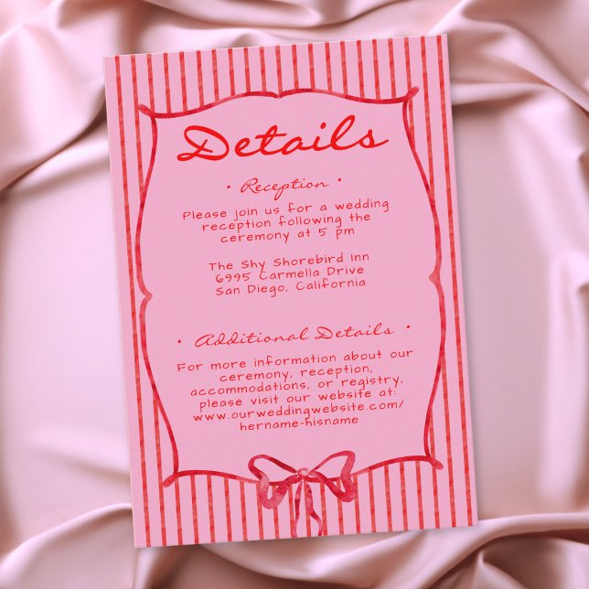 Whimsical Red Pink Watercolor Bow Stripe Wedding Begleitkarte (Whimsical Red Pink Watercolor Bow Stripe Wedding Enclosure Card)