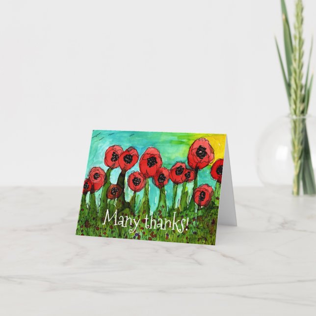Whimsical Red Poppies Vielen Dank Grußkarte Karte (Vorderseite)