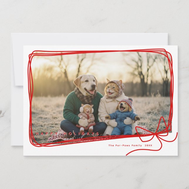 Whimsical Red Ribbon Frame Holiday Photo Karte (Vorderseite)