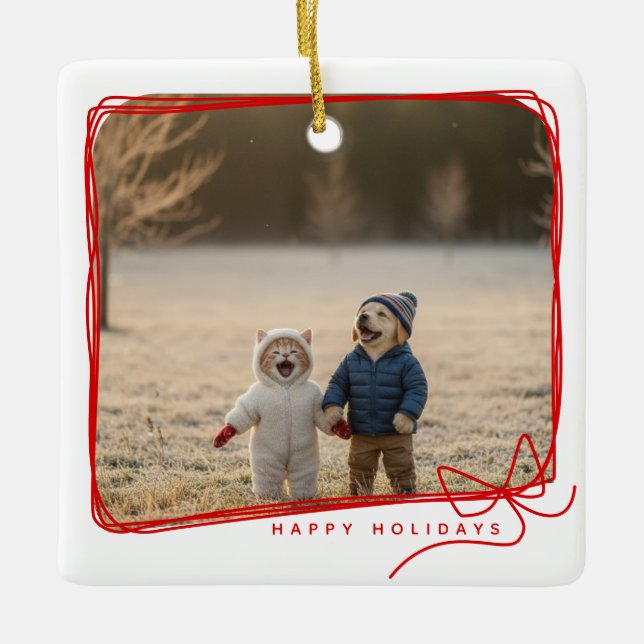 Whimsical Red Ribbon Frame Holiday Photo Keramikornament (Vorderseite)